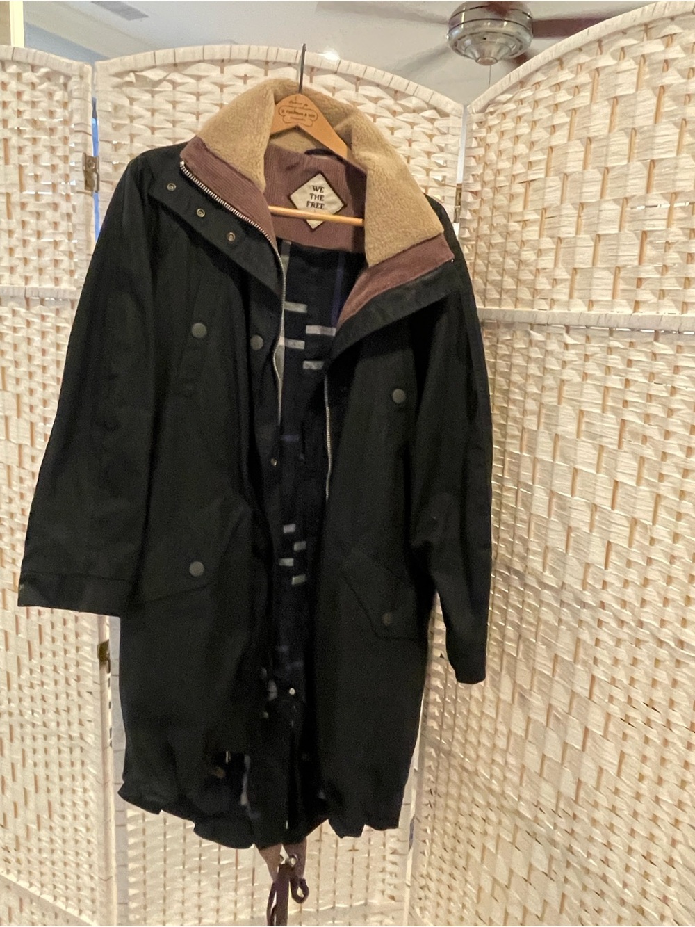 We The Free waxed cotton Rain Coat with Tan Sherpa Collar